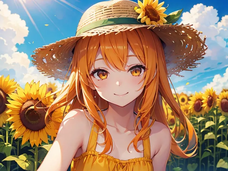 girl with、orange color hair、one eye wink、Yellow dress、kirakira、fluffy hair、Smiling with mouth wide open、rays of sunshine、Sunflower field Ruska Emi long hair、Petals are fluttering、Sleeveless、a straw fedora hat