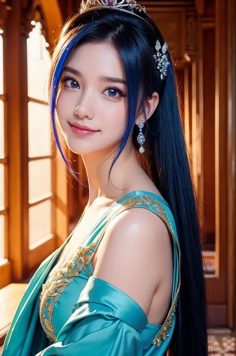 ((Beautiful princess:1.5),A high resolution, quality),Wearing a golden palace dress,Soft hands, big bright eyes, Dark and vibrant ponytail, A sweet smile, Red fluttering face, softlighting, palace background.  Blue hair,