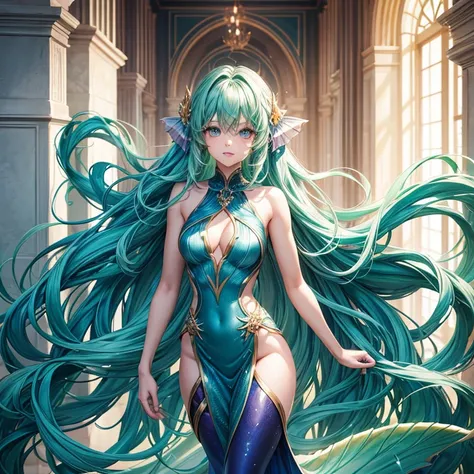 Blue skin mermaid female with legs ,green wavy hair. Standing up long dress