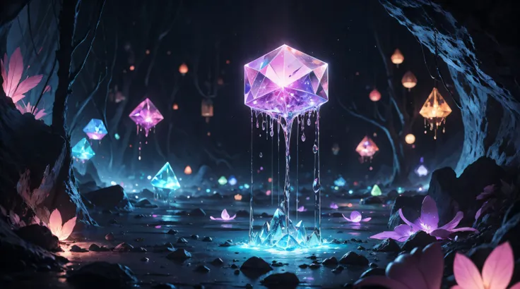 ((Best quality,UHD,Masterpeice)), fantastical crystal cave, ink drip, glimmer, ligjt bokeh, crystalloluminescence lighting, reflective, lifelike, silver, blue, pink tetradic colors