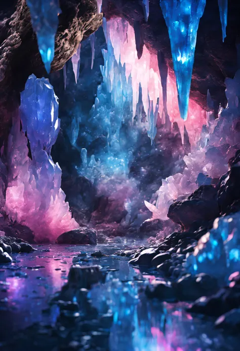 ((best quality,uhd,masterpeice)), fantastical crystal cave, ink drip, glimmer, ligjt bokeh, crystalloluminescence lighting, refl...