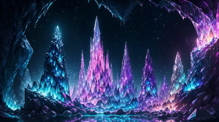 ((Best quality,UHD,Masterpeice)), fantastical crystal cave, ink drip, glimmer, ligjt bokeh, crystalloluminescence lighting, reflective, lifelike, silver, blue, pink tetradic colors