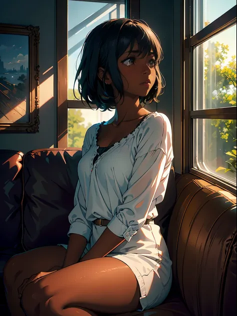 wall-、sunset, depth of fields、high resolution details, ultra-detailed、filming、surrealism、Soft volumetric light、(1 black girl with dark skin) 、Ray tracing、diffused(Ultra-fine glass reflection)、surrealism,(sitting on a sofa in a house looking sideways out wi...