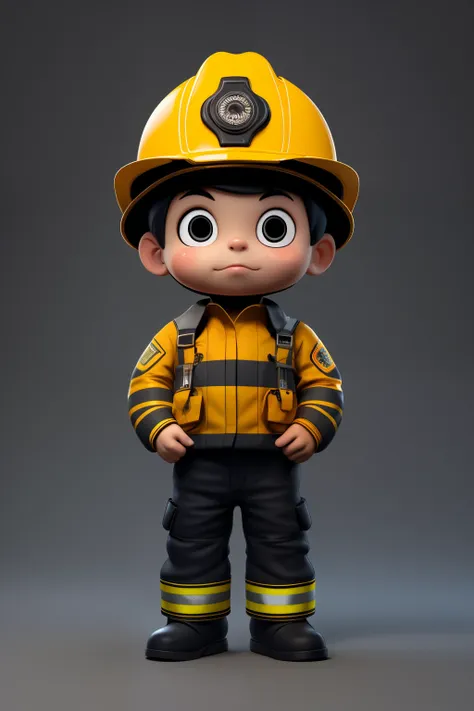 3d minimalist art, cartoonish and simplistic, firefighters,cute little, a confident look, standing facing the front, a boy,simpl...