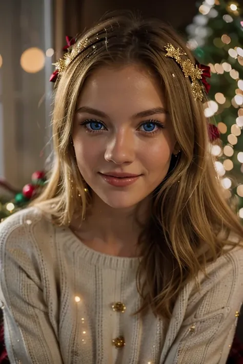 Photography, a festive 35mm lens capture of a blonde european girl with blue eyes, surrounded by twinkling Christmas lights, showcasing her in a cozy red sweater, radiating joy and warmth, with a golden color temperature, capturing a genuine and candid exp...