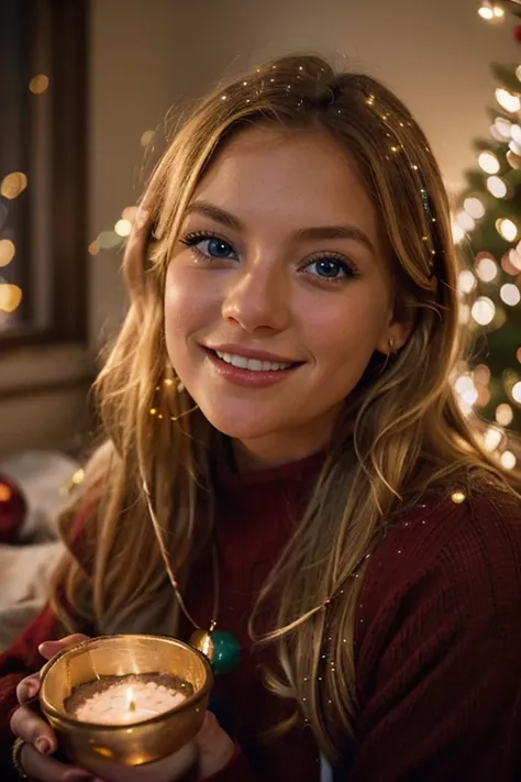 Photography, a festive 35mm lens capture of a blonde european girl with blue eyes, surrounded by twinkling Christmas lights, showcasing her in a cozy red sweater, radiating joy and warmth, with a golden color temperature, capturing a genuine and candid exp...