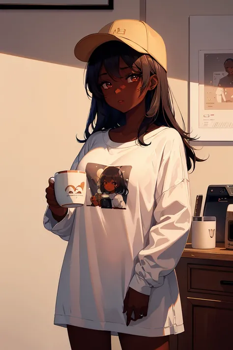 Dark skin pretty young woman in an oversized fitted shirt, shy, ((holding a mug with the letters c-a-t-t-y” written on it)), insanely detailed, 4K, 2D illustration, luminous detailed brown eyes, muted pastels and white, ray tracing