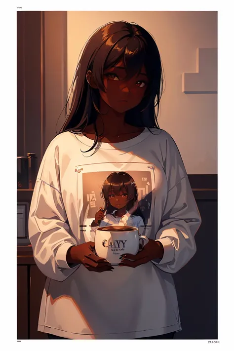 Dark skin pretty young woman in an oversized fitted shirt, shy, ((holding a mug with the letters c-a-t-t-y” written on it)), insanely detailed, 4K, 2D illustration, luminous detailed brown eyes, muted pastels and white, ray tracing