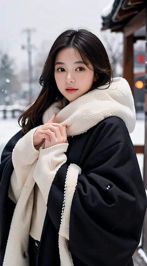 The girl covered her chest with her hands, strategic coverage,Use your fingers to moderately cover your clothes,within the shoulder，Oyuki，Thick fur cape，blanketed in a mantle of snow