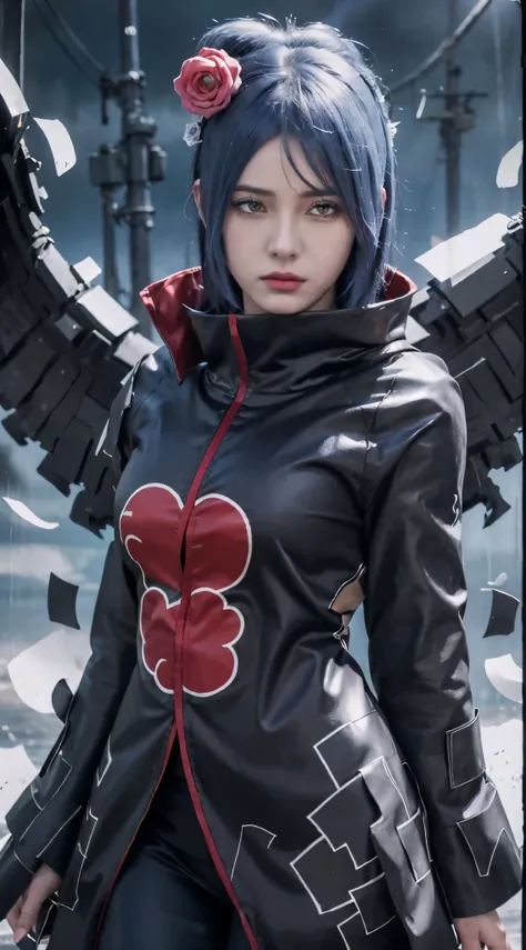 1girl, blue hair, yellow eyes, akatsuki outfit, high quality, ultra detailed, masterpiece, realistic