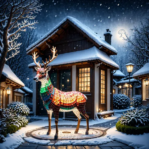 external garden, Mosaic Christmas Reindeer Sculpture, Irridescent color，flagstone road, natta, hyper realisitc, mirai, hyper realisitc, winter landscape，[light snowing]，artistic décor, concept-art, 3D future, lightand shade contrast, Ray traching, mosaic a...