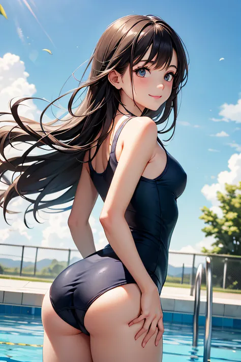 Very cute and beautiful girl,Teen,(very detailed beautiful face and eyes:1.2),Blue school swimsuit,
Standing,(from behind,Looking back),Leaning forward,Pool side,Small multicolored flowers,Smile,Black hair,Cowboy Shot,
(Best Quality,masutepiece:1.2),hight ...