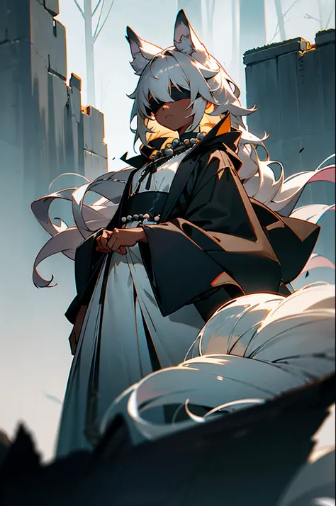 1 little girl, grey fox ears, 1 grey fox tail, gray wavy hair, dark skin, calm face expression, black blindfold on the eyes, white dress with ruffles, black cloak, forest, ruins in the background, beads on the neck, full length.