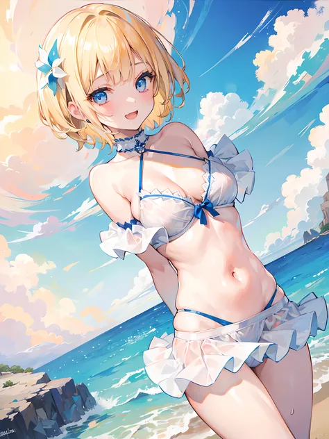 1girl, short blonde hair, blue eyes, wearing white bikini, frilled bikini, bikini skirt, beach, sunset, smile, open mouth, absurdres, high res, ultrasharp, 8K, masterpiece, looking at viewer