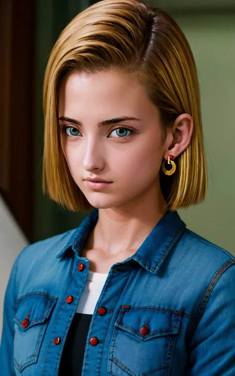 (masterpiece, best quality), ,android18, earrings, denim, belt upper body, focus face, perfect face, Emily Rudd.