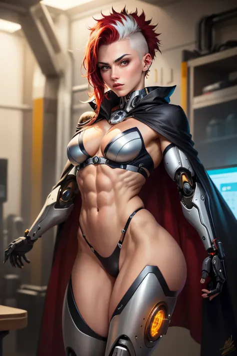 A girl with robotic fully mechanical body, all body mechanical parts, platinum white buzz cut right part hair, ((red meshed side hair)), ((top hair platinum dyed, side hair red dyed)), Russian face, very muscular, soulless face, powerful, Russian girl face...