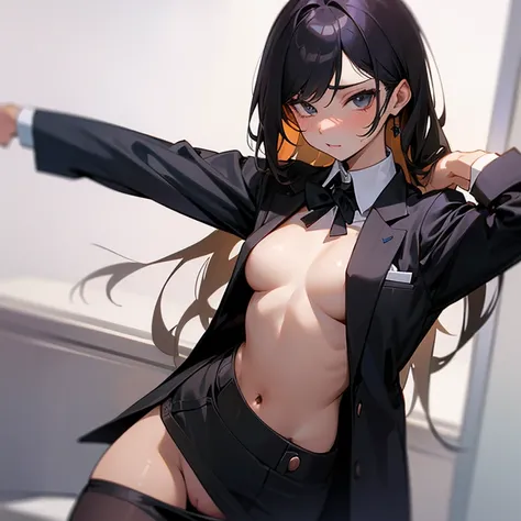 Beautiful girl, hot, suit jacket, black suit, tan, long hair, stripping, boss, sexy, undressing, shemale, seductive, no pants, dick