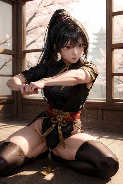 (best quality,4k,8k,highres,masterpiece:1.2),ultra-detailed,realistic,photorealistic:1.37,Kung Fu girl,Blade and Soul sexy pose,strong female character,confident expression,flowing black hair,exquisite facial features,fit and athletic body,striking pose,tr...