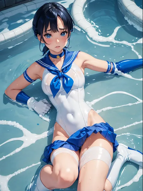 Sailor Mercury　Full limbs　complete fingers　Transformation heroine of justice　Enameled White Leotard　Enamel Blue Boots　Wrinkled boots　Enamel Blue Choker　Enamel White Gloves　Enamel Blue Mini Skirt　Neat and clean image　Gold decoration　Costumes with fancy deco...