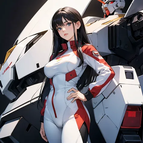 1 girl,A girl wearing a Gundam pilot suit style costume,Very cute,Long Black Hair,tre anatomically correct,Slender but big breasts,Precise fingers,white gundam pilot suit costume,in front of a giant robot,photorealisim,​masterpiece,