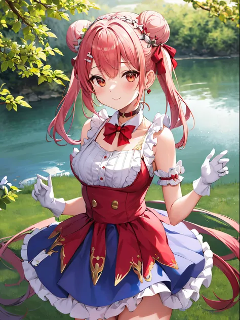 masutepiece, Best Quality, hight resolution, 1girl in, Rabbit, Double bun, Twin-tailed, Parted bangs, Hair Ornament, circlet, Jewelry, earrings, Choker, Red bow, White Gloves, elbow groves, Blue skirt, Cowboy Shot, Standing