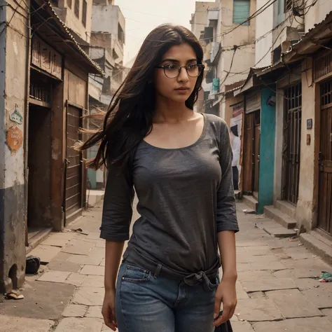 (girl:1.1)1 Pakistani mature girl 28 years old,  whitened complexion, wearing eyesight glasses, beautiful girl near in lahore, food street (best quality,4k,8k,highres, masterpiece:1.2)gazing down at the bustling city below. Dressed in a black Pakistani kur...