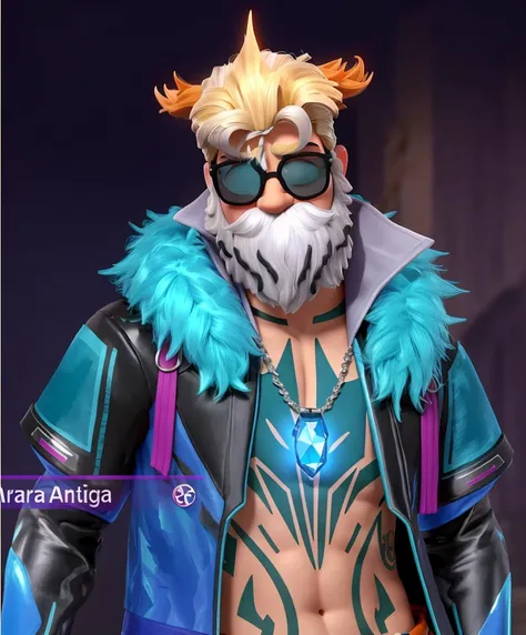 homem branco, com cabelo Blanco com chamas vermelhas em volta do cabelo , barba branca que cobre todo o rosto, with black round glasses ,  uma jaqueta azul futurista, a blue diamond necklace around the neck, tatuagem em todo corpo