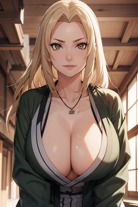 8k,​masterpiece, bset quality,colossal tits:1.2、（1girl in、blondehair，t5un4d3、tsunade、green kimono、obi、jaket,golden eyes、cleavage...