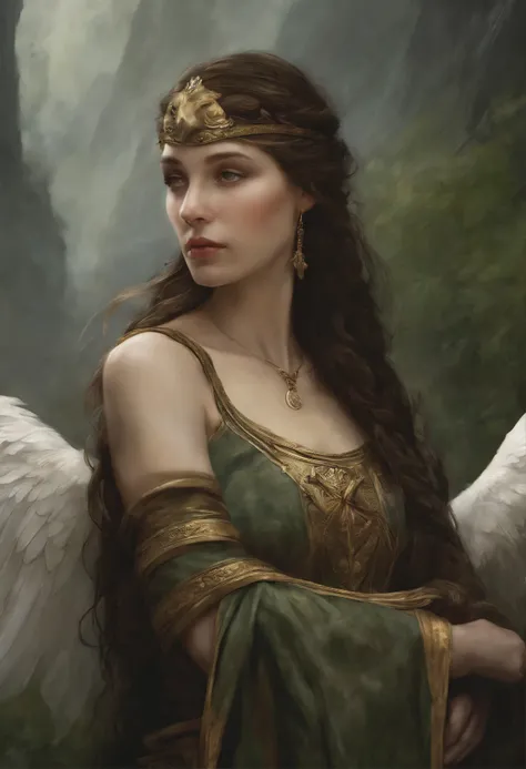 真实感, dark fantasy style, John Tolkien style, Small painting by Jean-Baptiste Monge, portraite of a, looks from the front, Soft facial features,  Angel Girl, Average height, dark pink lips, thin lip shape ,"Cool eyebrows in the shape of Angryburts, dark bro...