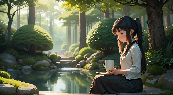 "Zen Zone Dreams": Anime girl and a cup of coffee in a peaceful Zen garden with soft greens and calming visuals.