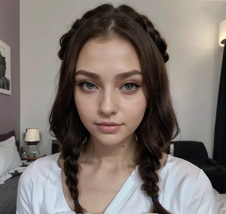 Arafed Frau total , Sexy woman with green eyes, Ultra-realistisch, Akribisch detailliert, portrait sophie mudd, Black hair and big eyes, lange Wimpern, Selfie einer jungen Frau, Augen im Schlafzimmer, Violet Myers, Cat-eye viel Make-up, Direkt in die Kamer...