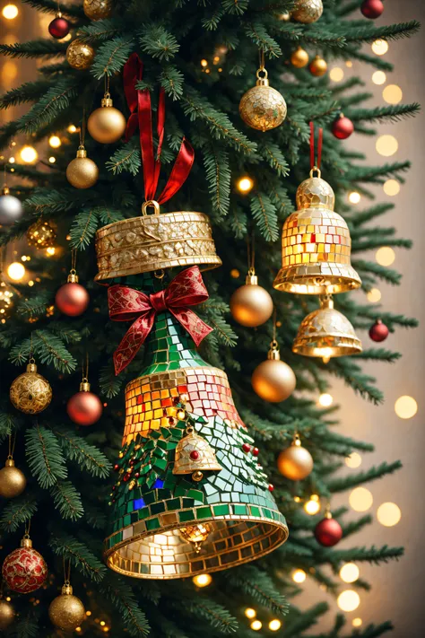 Mosaic Christmas bells hanging on the Christmas tree,vibrant with colors,gentlesoftlighting,Ornate ornament,Winter wonderland,flashing lights,sparkling reflections,comfortable atmosphere,magical ambiance,HighDynamicRange,Holiday spirit,Mysterious shadows,d...