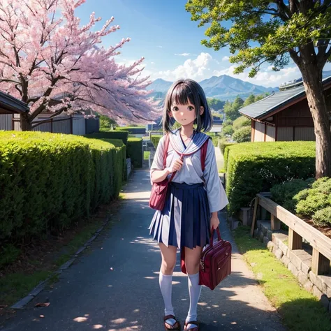 japanes,countryside,littlegirl,elementary student,a school bag,Longhaire