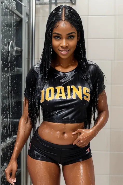 full body shot, (((25 years old black woman with straight hair))), wearing ((volleyball t-shirt and volleyball shorts)), (showering), (indoor), (looking away from viewer), playful, happy, (random face), (random hair), ultra detailed faces, masterpiece, bes...