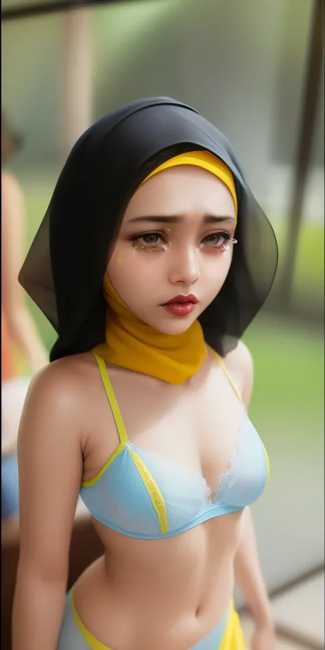 (((MALAY HIJAB GIRL))), (realistic, photo-realistic:1.4), (1girl), big breast, wearing light blue lace bra and panties, hand on hips, ((HEAVY NIPPLES)), (( TRANSPARENT )), ((YELLOW LACE )), ((RED LIPS)), ((SADNESS)), (((TEARS))).