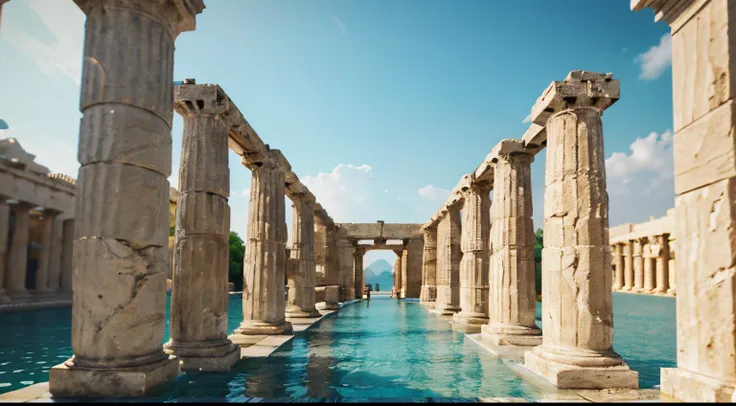 a long gallery of statues with Greek-style columns in the middle, centered, solid bifurcated, draped in colorful water, Trending on Artstation, octane render, Insanely Detailed, 8k, HD