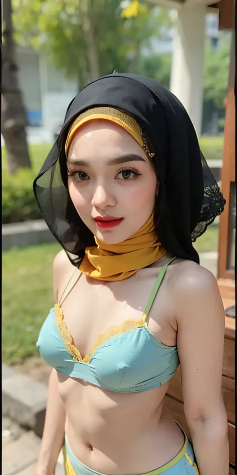 (((MALAY HIJAB GIRL))), (realistic, photo-realistic:1.4), (1girl), big breast, wearing light blue lace bra and panties, hand on hips, ((HEAVY NIPPLES)), (( TRANSPARENT )), ((YELLOW LACE )), (((RED LIPS))).