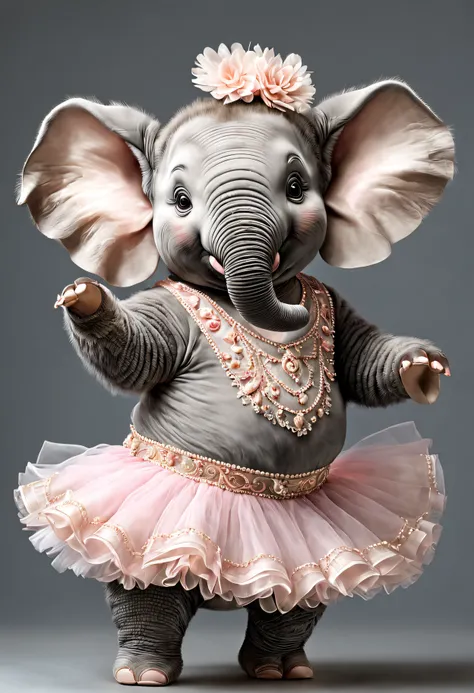 photorealistic portrait of dressed animals - a fat baby elephant ballet dancer,( ballet action posing), fluffy body, high qualit...