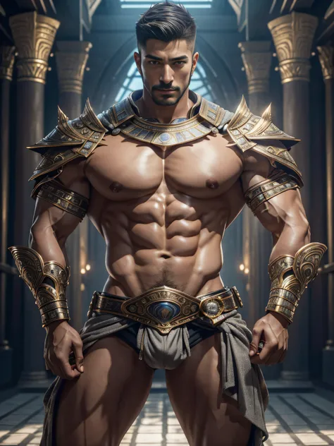 masseter membrane、There  only one character！well built、egyption！outside in the sun！Dressed in fine clothes！Shiny！Nice weapons and nice accessories！Pyramid background＆golden egyptian temple＆the sphinx＆Anubis！The characters are all dressed up beautifully！The...