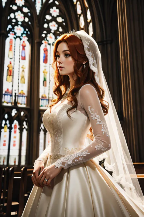 beautiful ginger woman in detailed wedding dress, in detailed cathedral, air above hair, IPA award wining, masterpiece, best lighting, best shadows, best reflections,