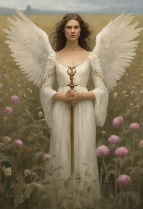 真实感, dark fantasy style, John Tolkien style, Small painting by Jean-Baptiste Monge, portraite of a, looks from the front, Soft facial features,  an angel girl stands in the center of a cornflower field,  Bright make-up, Average height, dark pink lips, thin...