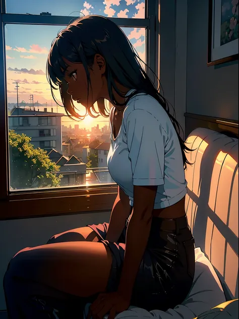 wall-、sunset, depth of fields、high resolution details, ultra-detailed、filming、surrealism、Soft volumetric light、(1 black girl with dark skin and realistic brown eyes ) 、Ray tracing、diffused(Ultra-fine glass reflection)、surrealism,(sitting on a sofa in a hou...