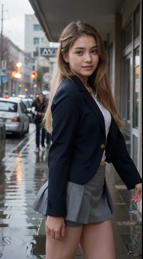 (((Long Blonde Ponytail))), (((Wearing dark blue blazer school uniform, gray miniskirt))),(((detailed finger))),(((looking at viewer:1.5))),(((view full body))),(((Photographing a girl from below) )),ulzzang-6500-v1.1, (Raw photo:1.2), (Photo realistic:1.4...