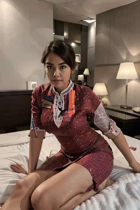 indonesian young girl, 21 years old, beautifull, cute girl, flirty expression, wearing lion air stewardess uniform, perfect body...