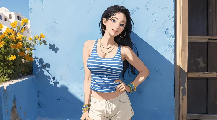 (masterpiece, best quality), 1 girl, alone, perfect body, big breasts, woman, santorini, colorful striped tank top, shorts, styl...