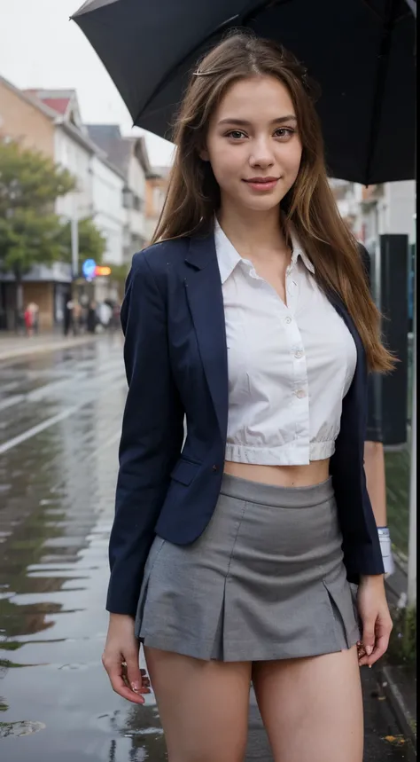 (((Long Blonde Ponytail))), (((Wearing dark blue blazer school uniform, gray miniskirt))),(((with umbrella))),(((looking at viewer:1.5))),(((view full body))),(((Photographing a girl from below) )),ulzzang-6500-v1.1, (Raw photo:1.2), (Photo realistic:1.4),...