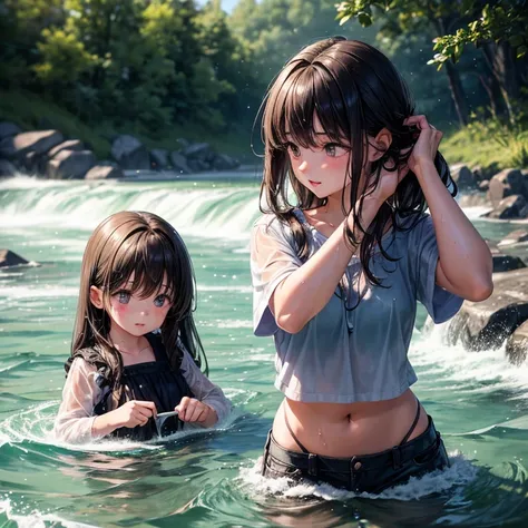 littlegirl,2 girls in,playing in a river,Wet clothes,wetting hair,A dark-haired