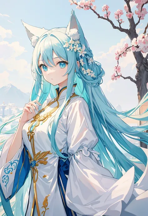 A masterpiece of CG art，The painting style  fresh and soft。The subject  a beautiful girl，Has a childlike appearance。，Cyan eyes，skin  smooth and fair，A manicured white coat flutters in the wind，Long white hair hanging down，The posture of looking up at the s...