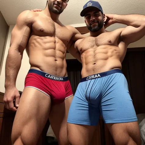 Papa y hermano, en boxers, with a very large and long bulge in the crotch, mostrar cara y rostro.