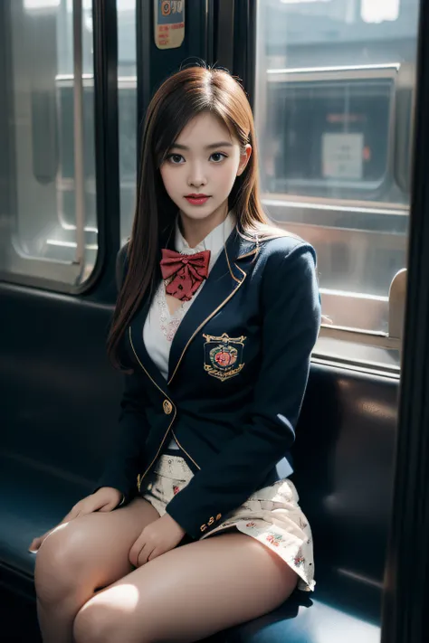 ((female student sitting on a train seat ))，charming eyes，heartwarming action，turn your face away from the camera，stooped，bend o...